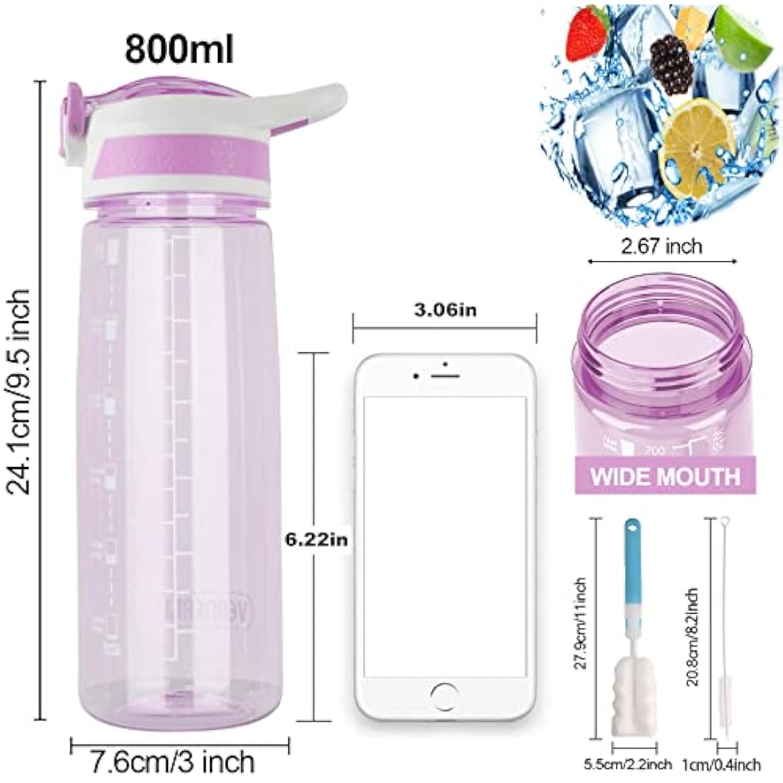 VENNERLI 800ml Tritan Sports Water Bottle with Straw and Time Marking