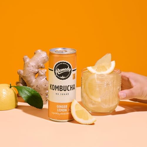 Remedy Raw Kombucha Tea – Sugar Free Ginger Lemon – 250ml Cans (24 Pack)