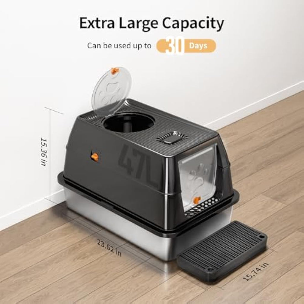 Eosarcu XXL Stainless Steel Cat Litter Box with Lid | Enclosed Black