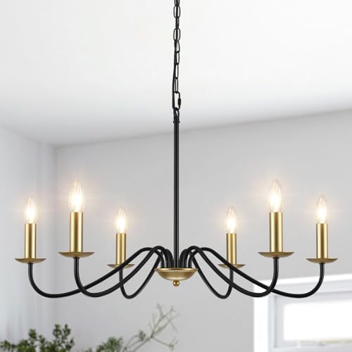 MRHYSWD 6-Light Black and Gold Chandelier | Adjustable Metal Pendant