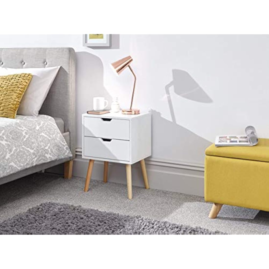 GFW Nyborg Scandi Bedside Table – 2 Drawer Modern Nightstand in White