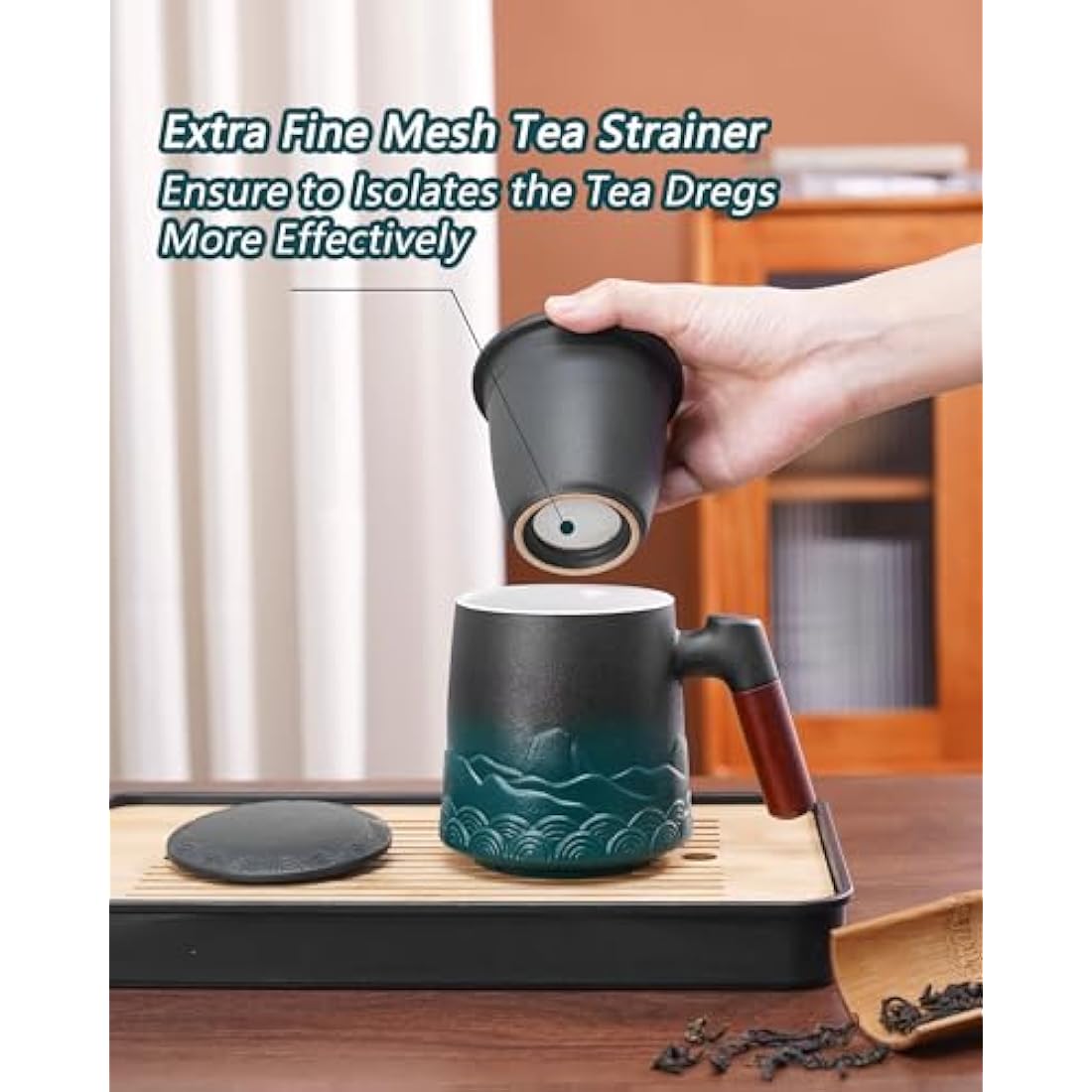 ZENS Ceramic Tea Infuser Mug with Rosewood Handle and Lid, 500ml – Green