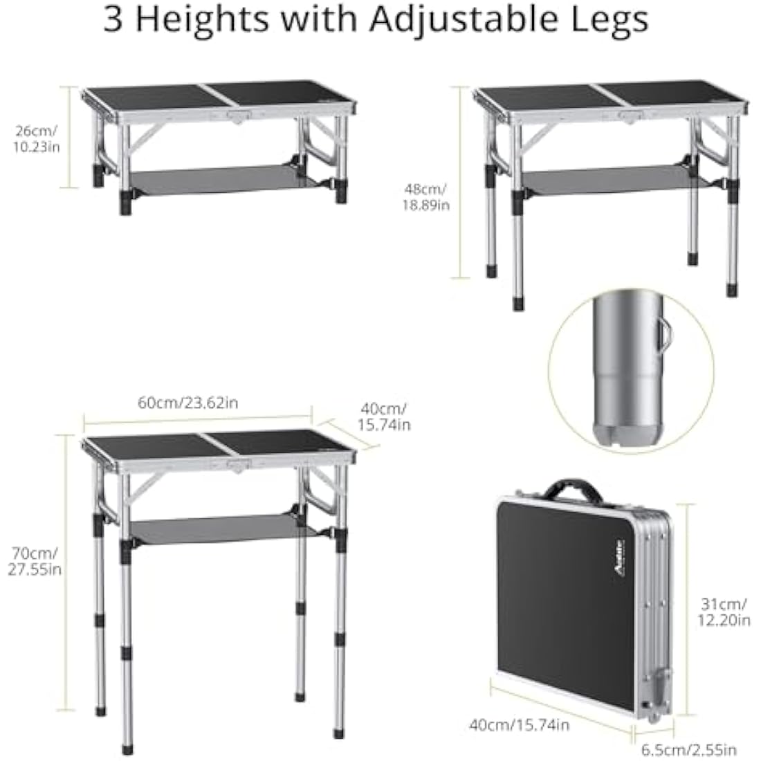 Anbte Folding Camping Table | 3 Adjustable Heights Aluminum Picnic Table