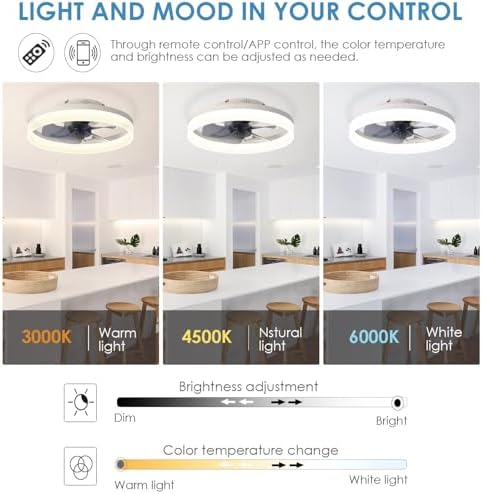 MOSSCO 40CM Flush Mount Ceiling Fan with Light - Dimmable LED White