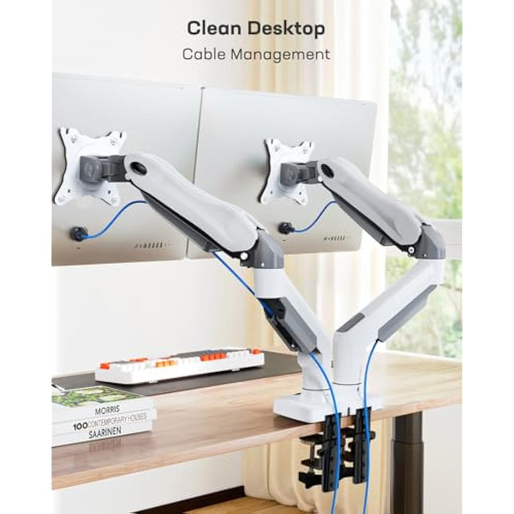 HUANUO White Dual Monitor Arm | Gas Spring Desk Mount for 13-32" Screens