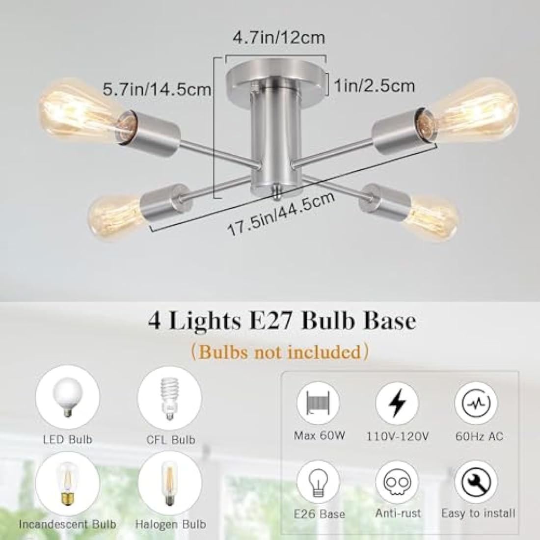 QAREHL 4-Light Sputnik Chandelier – Modern Brushed Nickel Ceiling Light