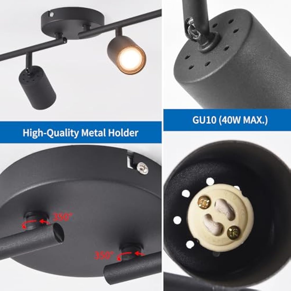 ANWIO 4-Way Black GU10 Ceiling Spotlight | Adjustable Industrial Metal Bar