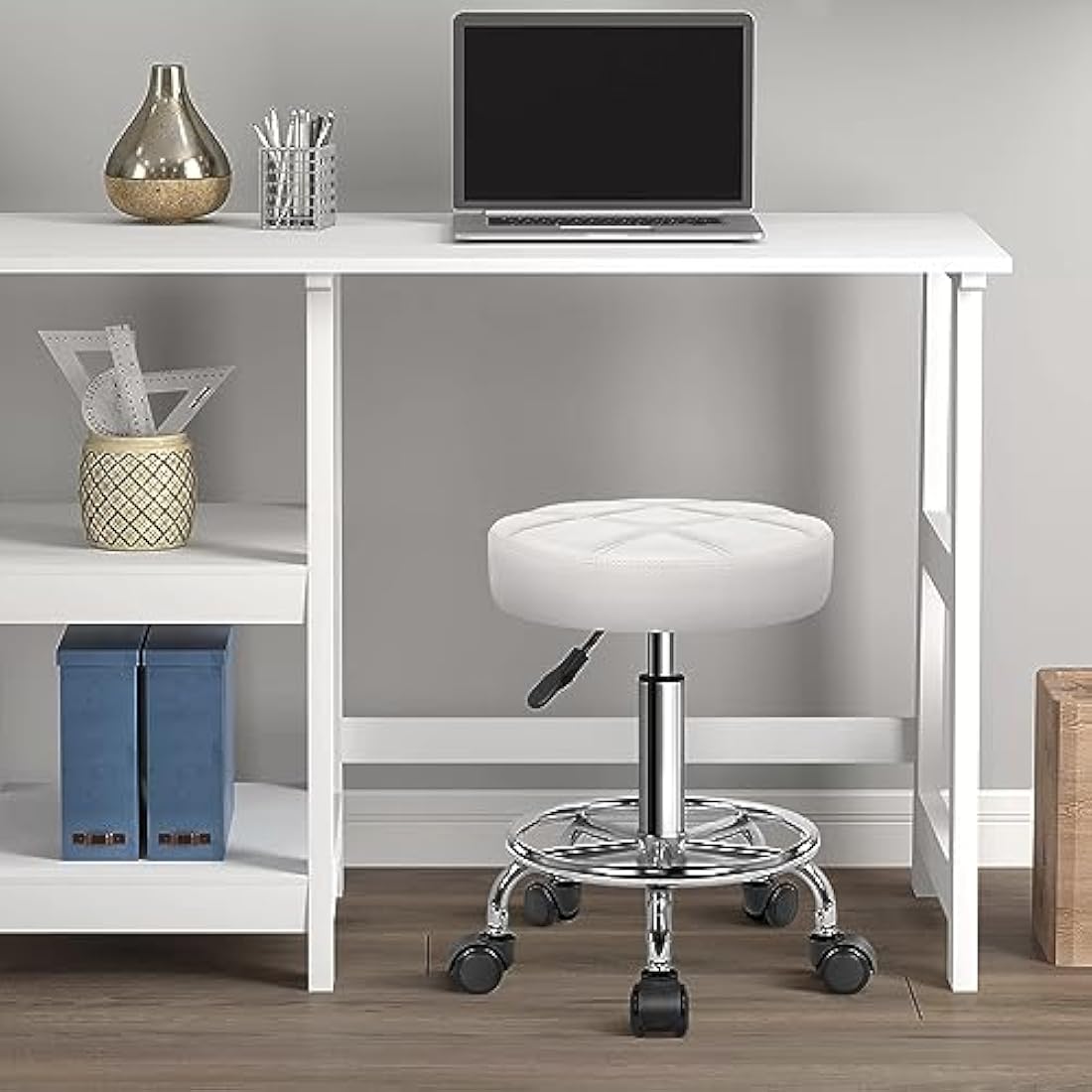 Jolof Store Round Rolling Stool – Adjustable PU Leather Swivel Chair, White