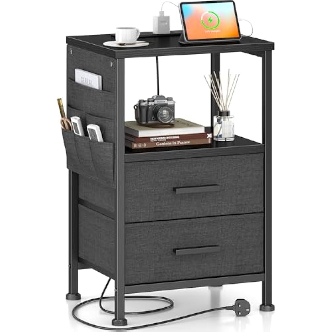 Industrial Nightstand with Charging Station & 2 Drawers
