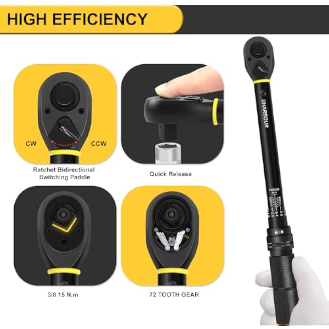 Uharbour 3/8" Drive Torque Wrench, 5-60 Nm, ±3% Accuracy for Bikes & Cars