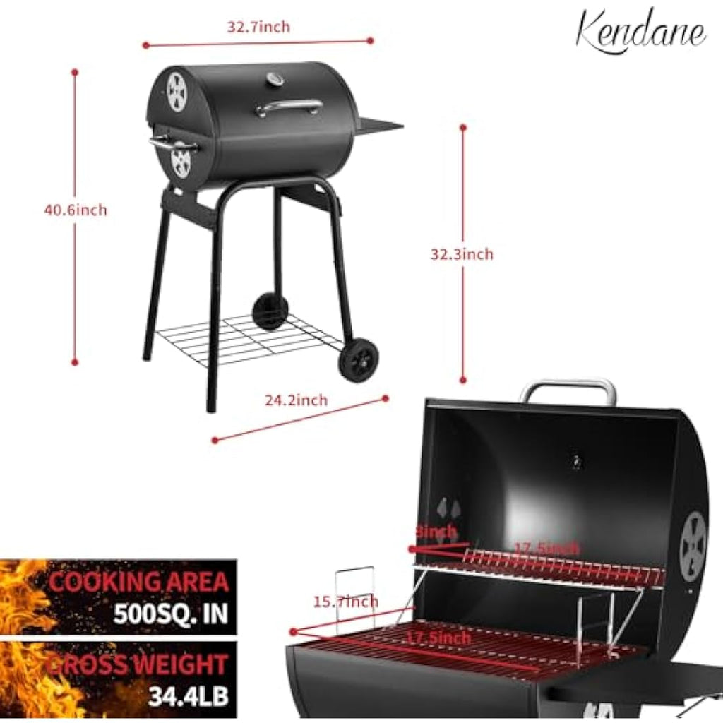 Kendane Barrel Charcoal Grill – Large Outdoor BBQ with Side Shelf