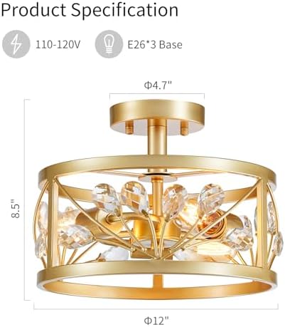 Jolof Store Crystal Leaf Chandelier – Gold 3-Light Semi-Flush Mount Light
