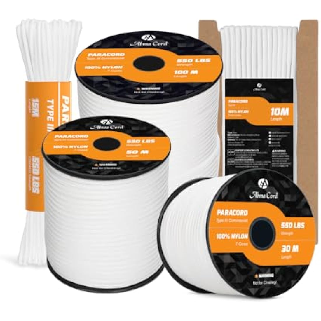 Abma Cord 550 Paracord – 100m Type III 7-Strand Nylon Rope, White