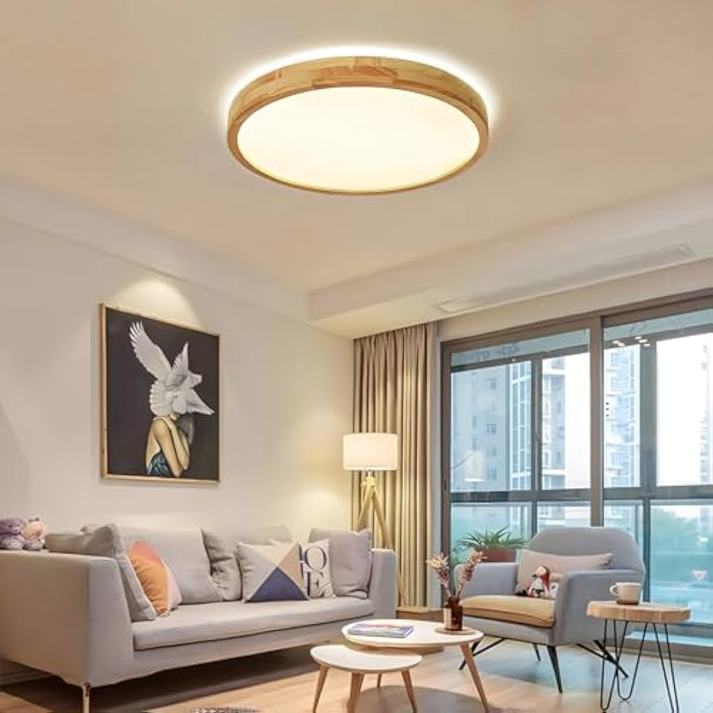 WayLuoung Round Wood LED Ceiling Light | 36W Dimmable with Remote Control