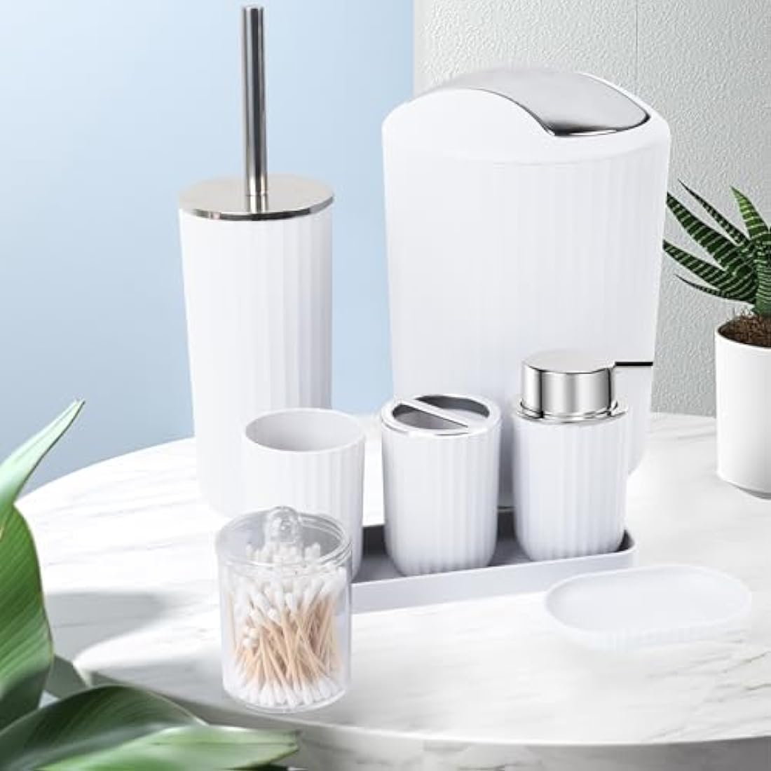 8-Piece Bathroom Accessories Set with Trash Can – White