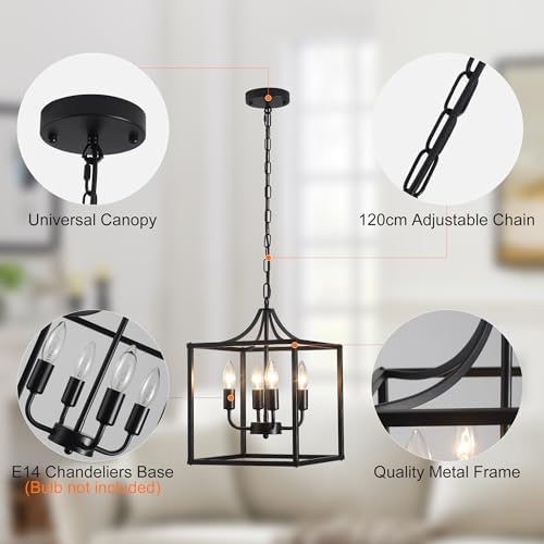 Industrial Black Metal Chandelier – 4-Light Lantern Pendant