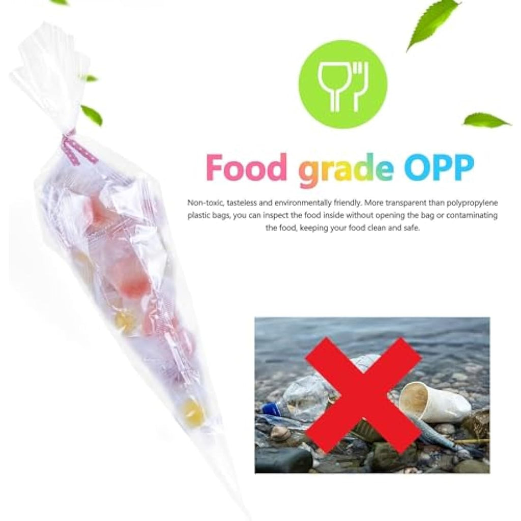 200pcs Clear Cellophane Cone Bags with Ties for Sweets & Gifts