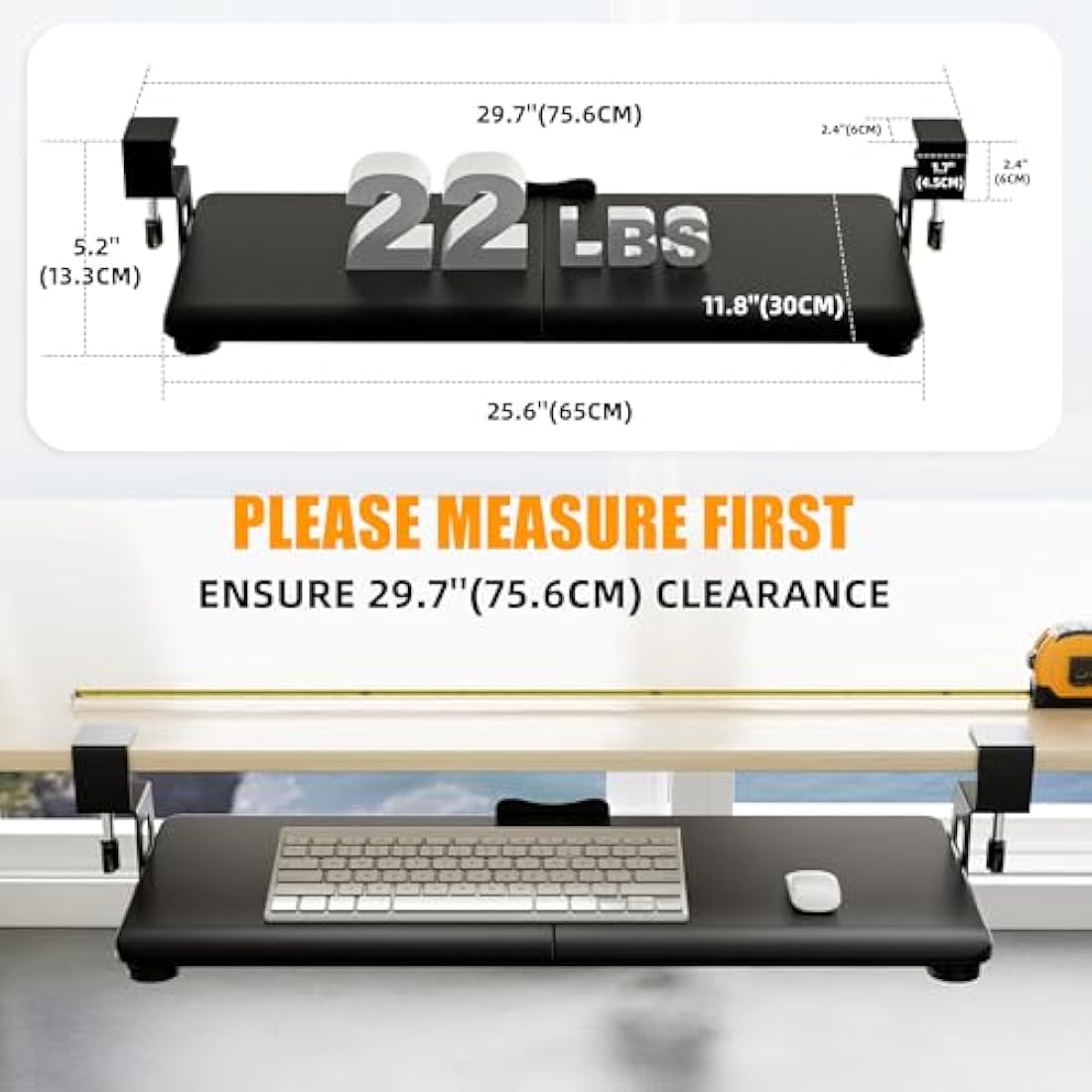 ERGOMAKER Under Desk Keyboard Tray – Sturdy Clamp Mount, 65x30cm, Black