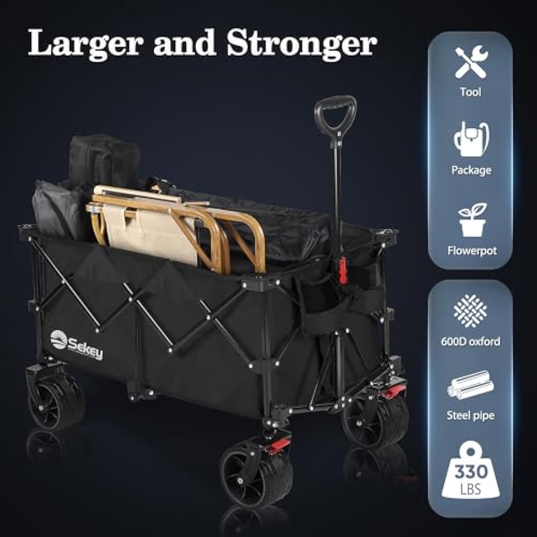 Sekey 200L Folding Wagon | Heavy-Duty All-Terrain Beach & Garden Cart, Black