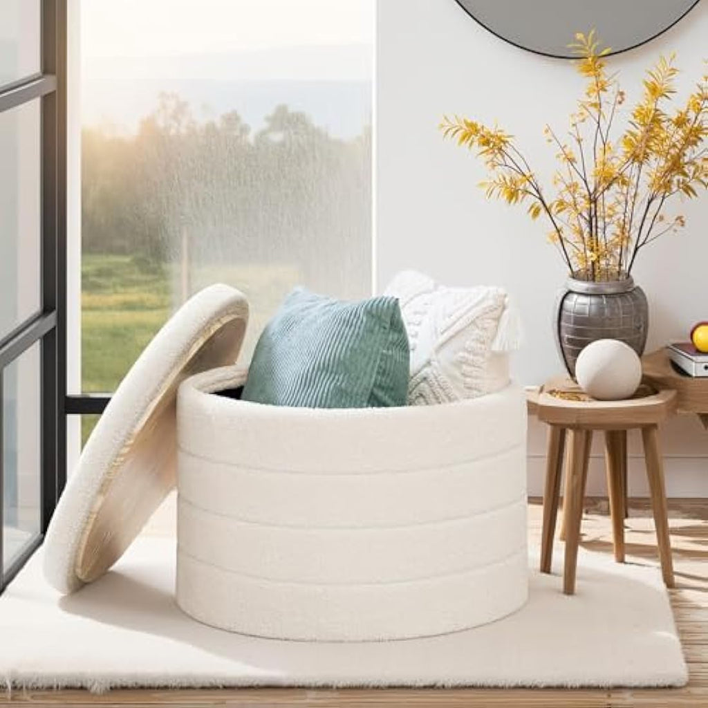 Bonlife Round Storage Ottoman – White Boucle Folding Coffee Table Stool