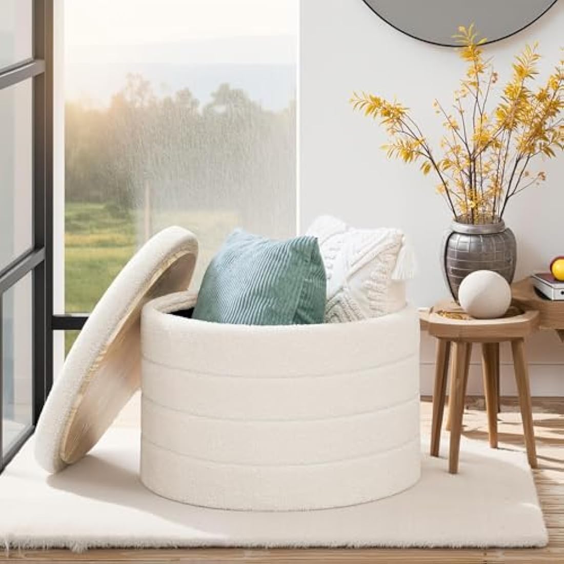 Bonlife Round Storage Ottoman – White Boucle Folding Coffee Table Stool