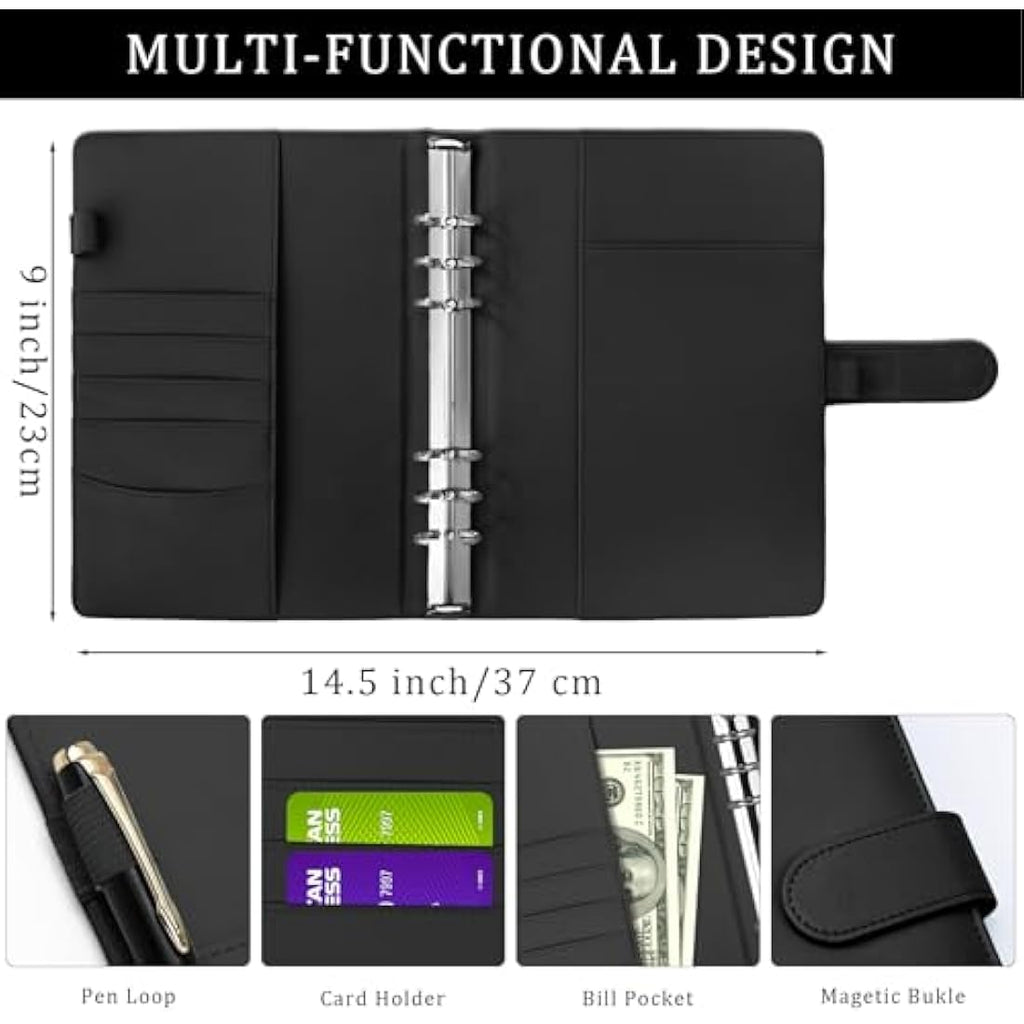 HAUTOCO A5 PU Leather 6 Ring Binder Notebook Refillable Organiser – Black