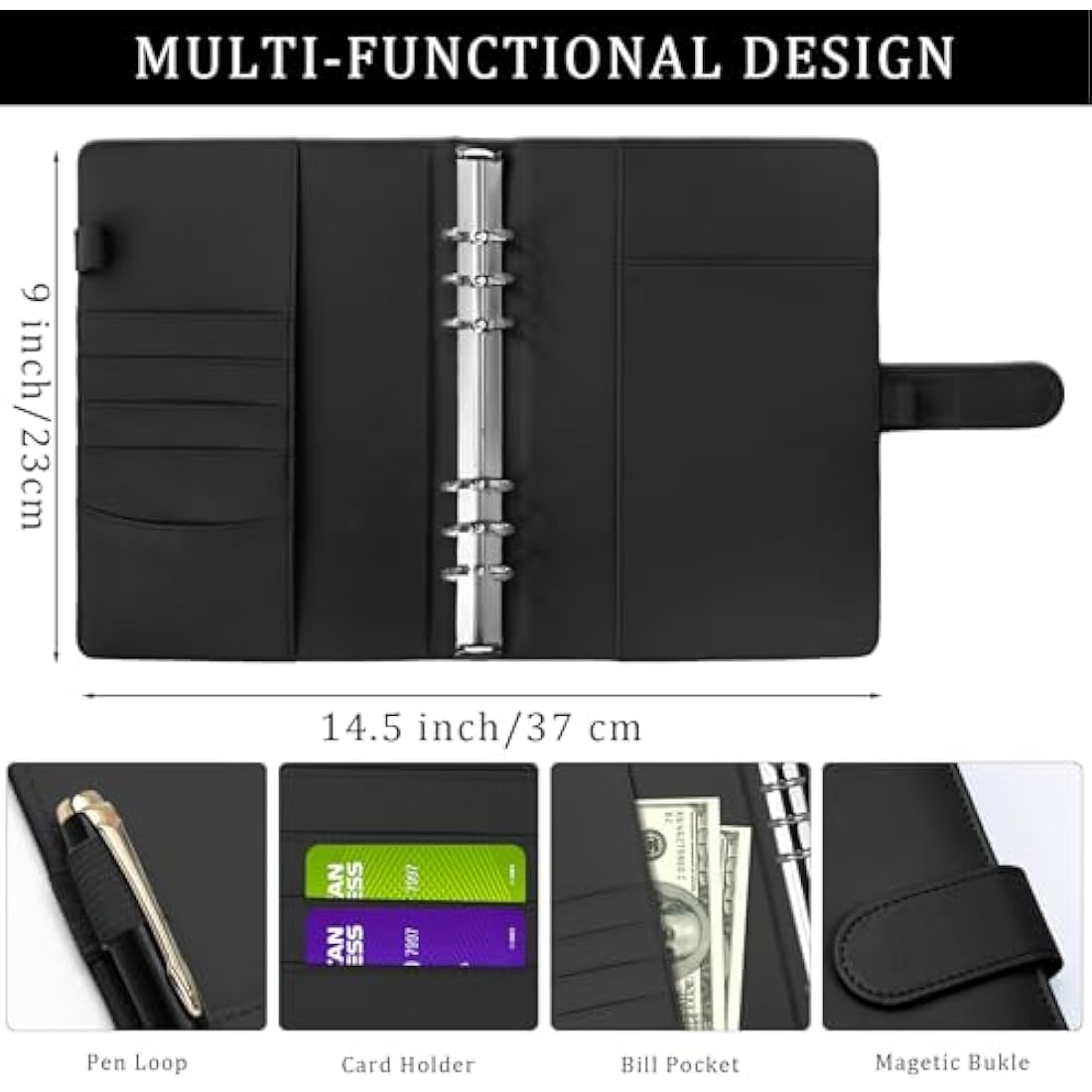 HAUTOCO A5 PU Leather 6 Ring Binder Notebook Refillable Organiser – Black