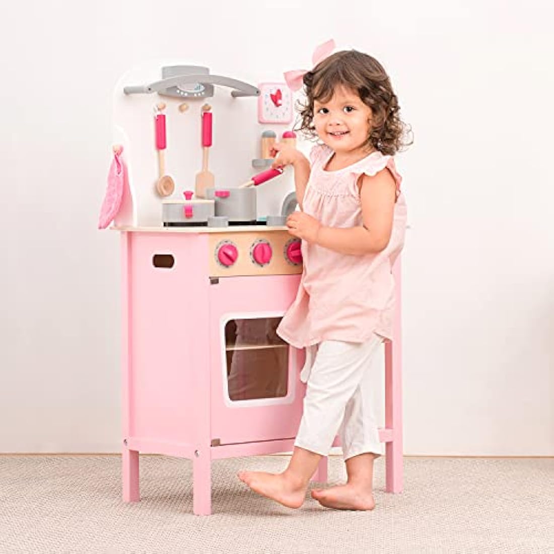 New Classic Toys Wooden Pretend Play Kitchen Set with Accessories – Pink