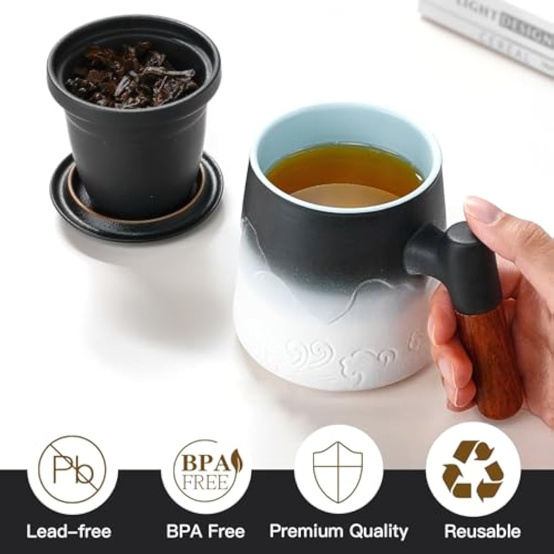 ZENS Ceramic Tea Mug with Infuser and Lid | 450ml Vintage Wood Handle Cup