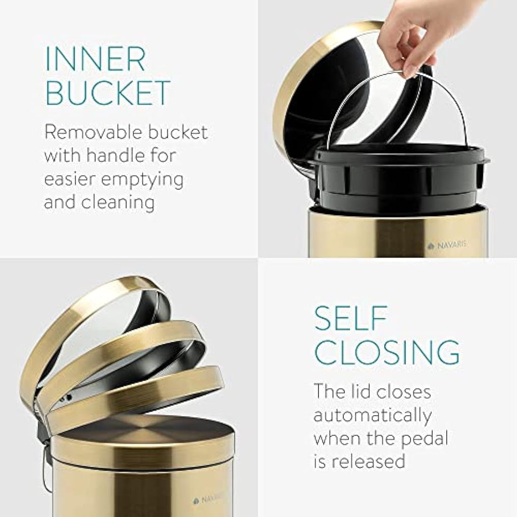 Navaris 5L Gold Pedal Bin – Metallic Bathroom Wastebin with Lid