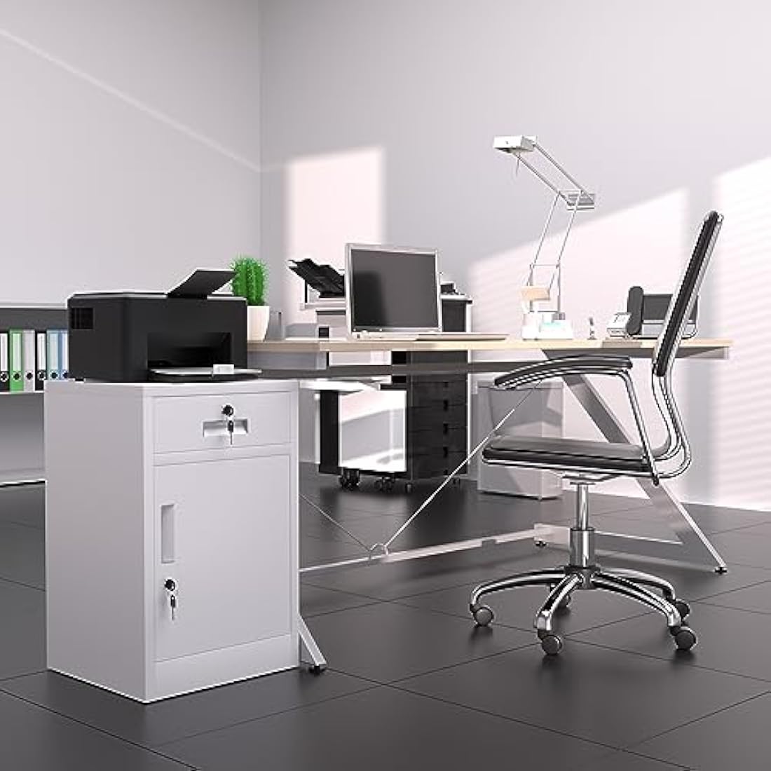 Metal Storage Cabinet – Lockable Drawer & Adjustable Shelf, White