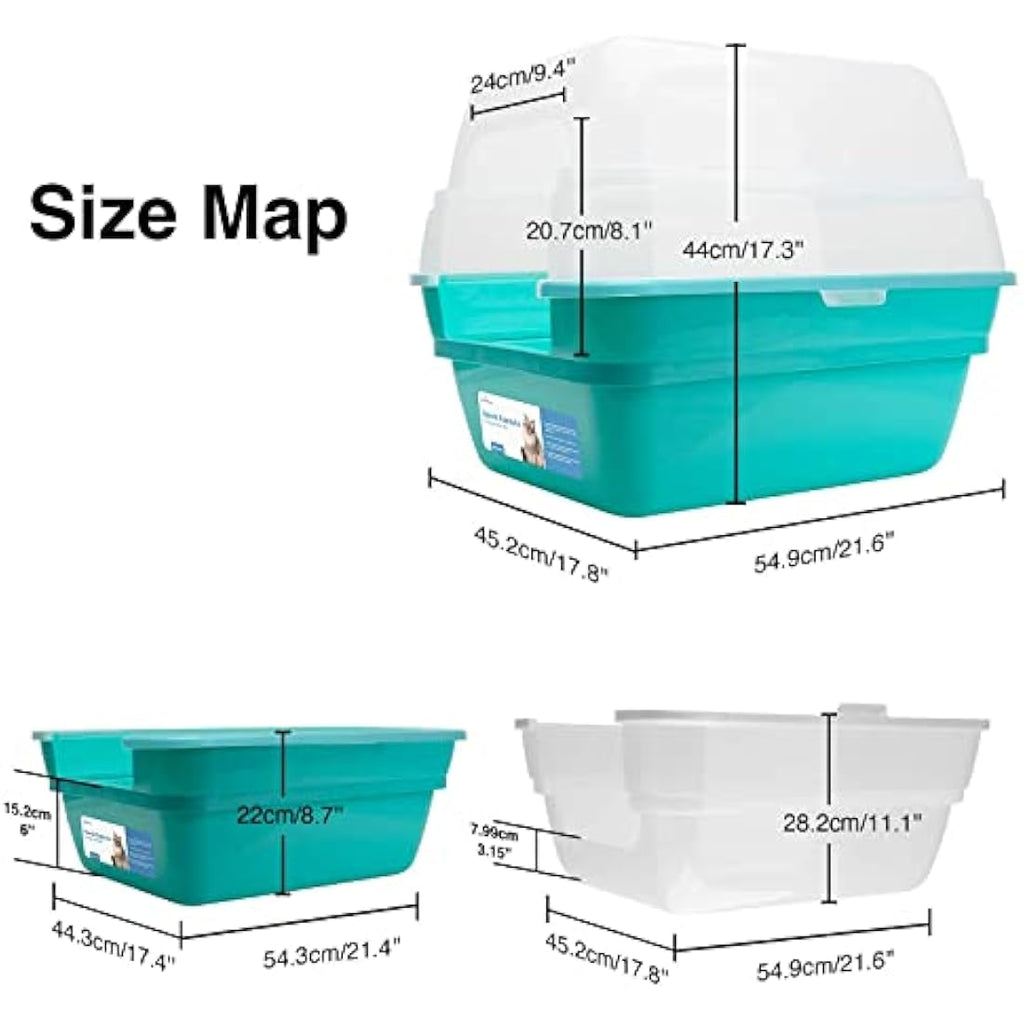 Petfamily 3-in-1 Large Cat Litter Box with Hood | Teal Plastic Tray