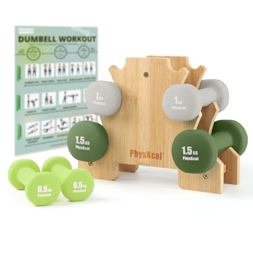 PhysKcal Neoprene Hex Dumbbells Set of 6 with Bamboo Stand - 6kg Total