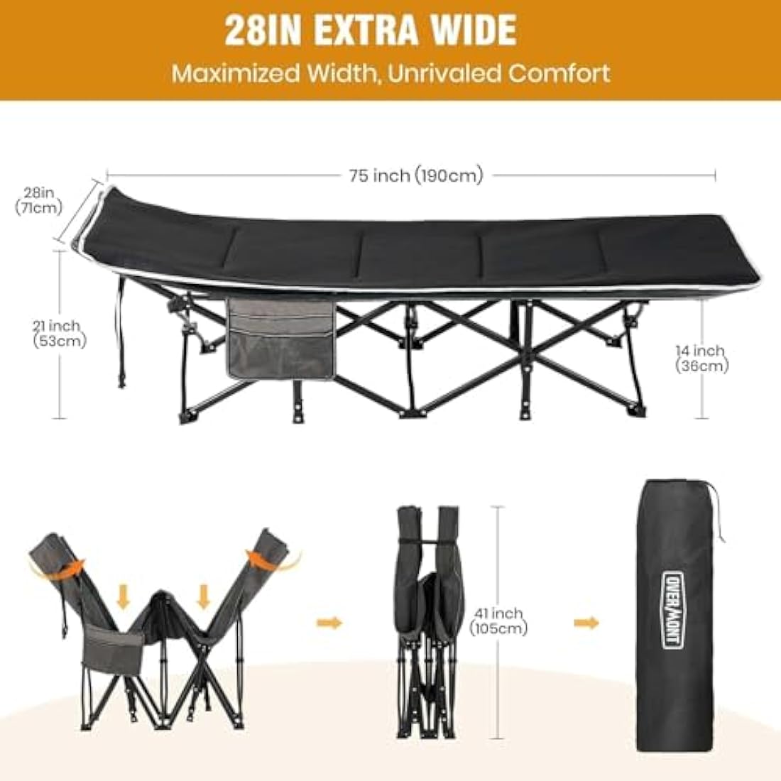 Overmont Oversized Folding Camping Cot with Cushion | 550 lbs Support