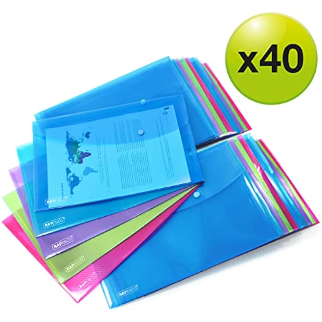 Rapesco ECO A4+ Recycled Popper Wallets - Assorted Colours - 40 Pack