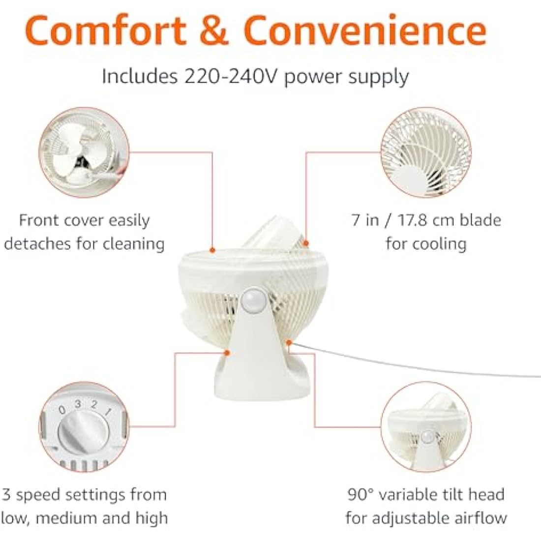 7-Inch Portable Desk Fan | 3-Speed Quiet Cooling – White