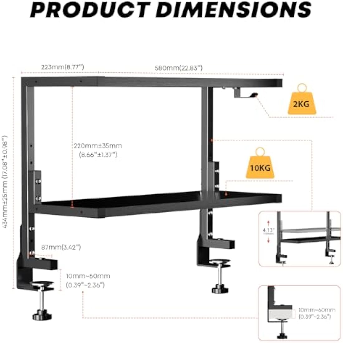 PUTORSEN 2-Tier Clamp-On Desk Shelf – Adjustable Gaming Storage, Black