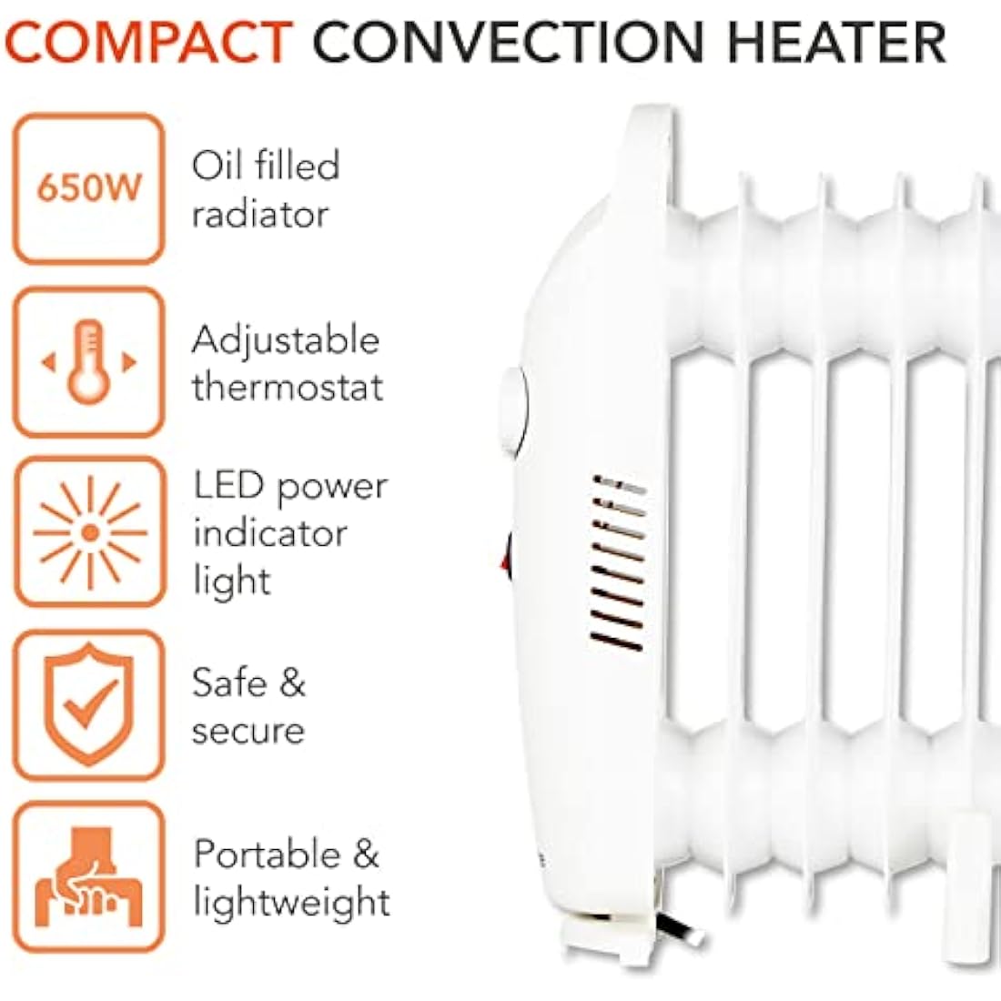 Warmlite 5 Fin Oil Filled Radiator - 650W Portable Electric Heater
