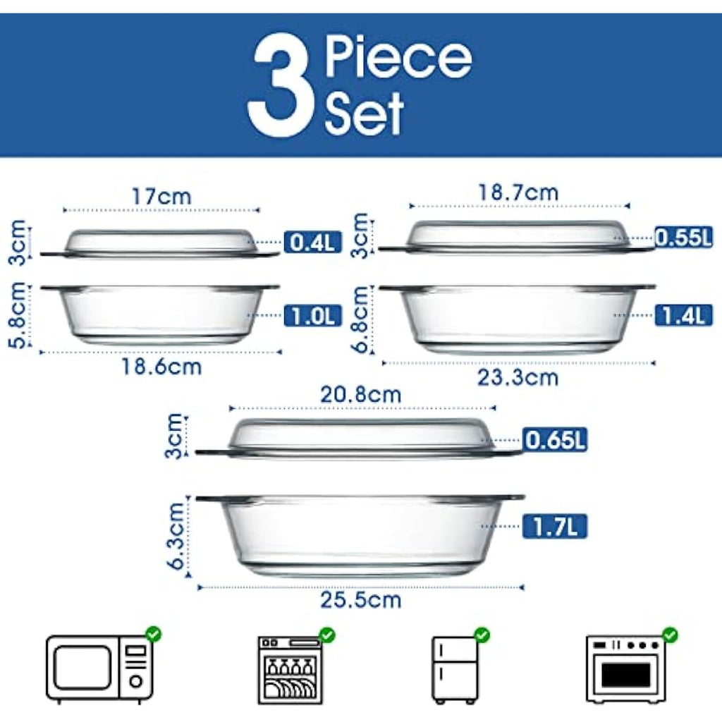 NUTRIUPS Tempered Glass Casserole Dish Set with Lids – 3 Piece Stackable