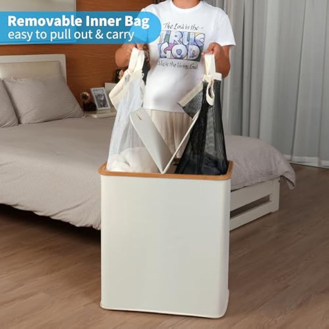 efluky 140L Double Laundry Basket with Lid - Bamboo & Linen Hamper, Beige