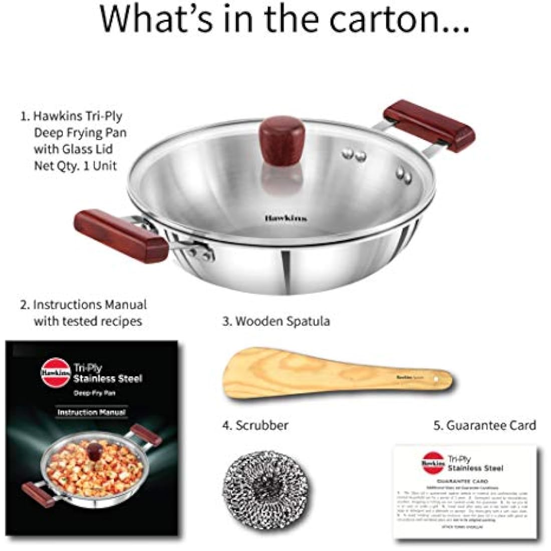 Hawkins Triply Stainless Steel Deep Fry Pan Kadai with Glass Lid, 2.5L
