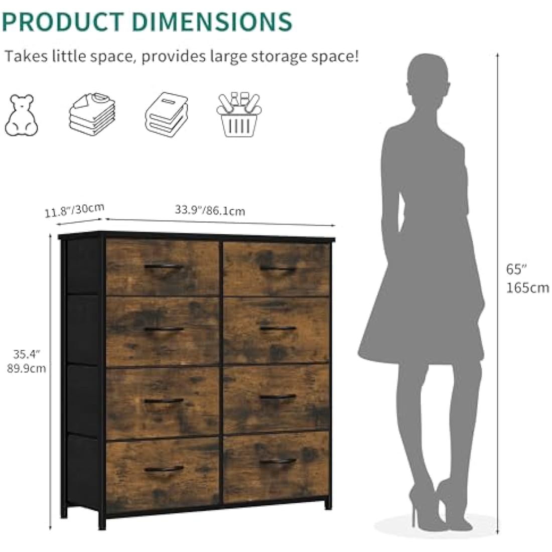 YITAHOME 8-Drawer Fabric Dresser | Metal Frame Storage Chest, Rustic Brown