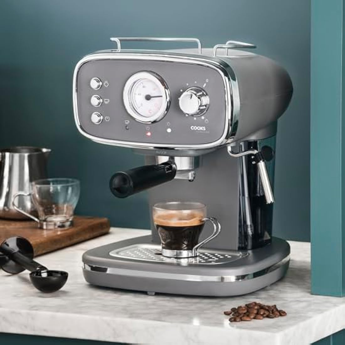 Cooks Professional 15 Bar Retro Espresso Machine with Steam Wand - Grey