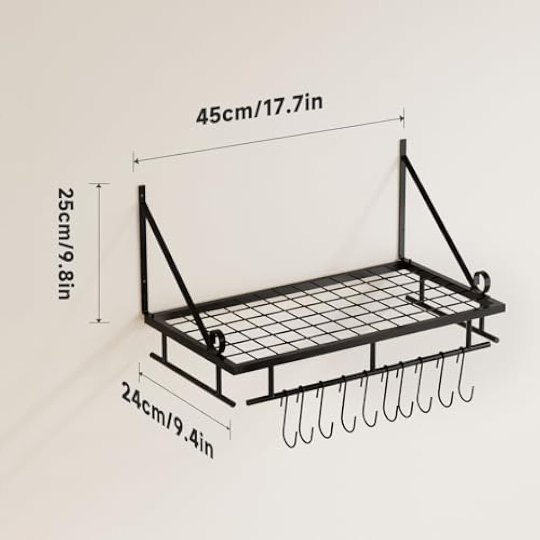 Wall Mounted Pot Rack – Iron Kitchen Shelf with 10 Hooks