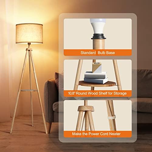 OUTON Tripod Floor Lamp – Dimmable Wood Standing Lamp with Shelf