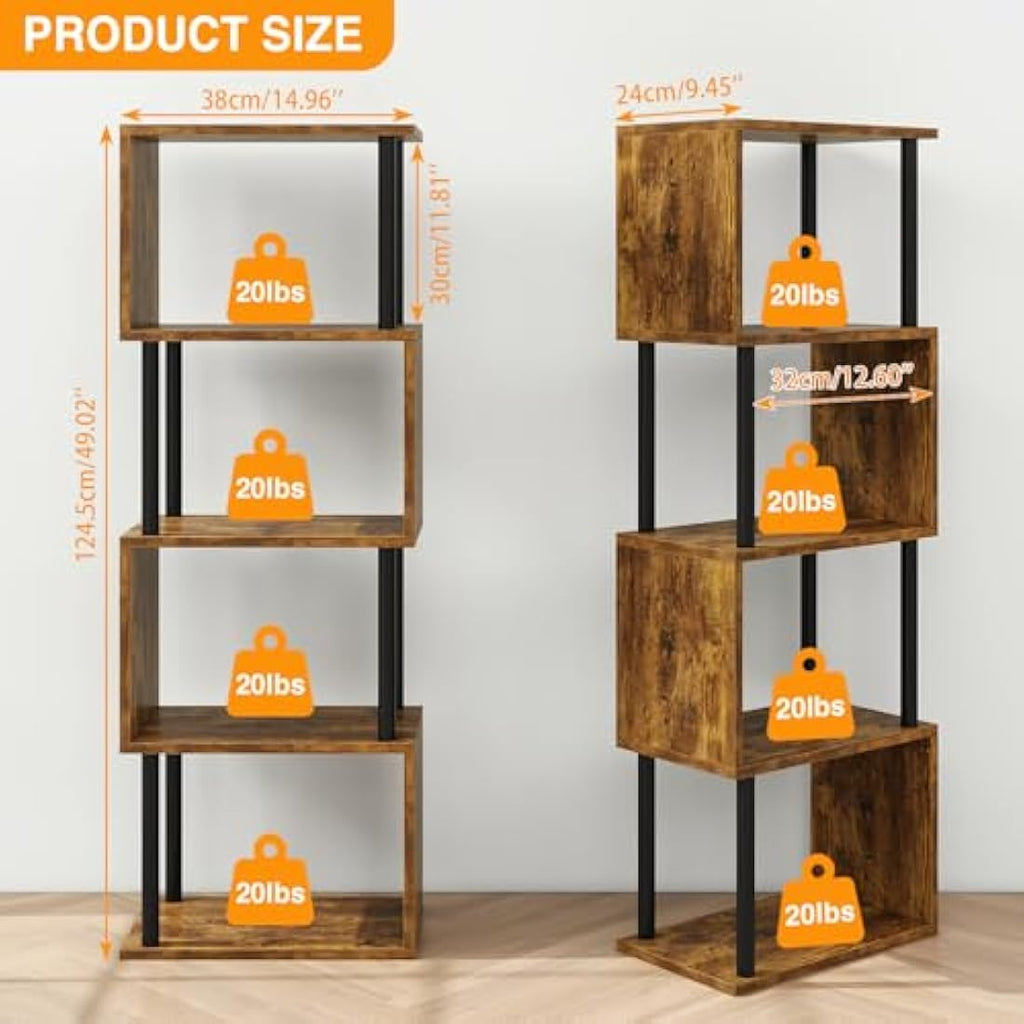 S-Shaped 5-Tier Tall Bookshelf | Rustic Brown Wood Bookcase