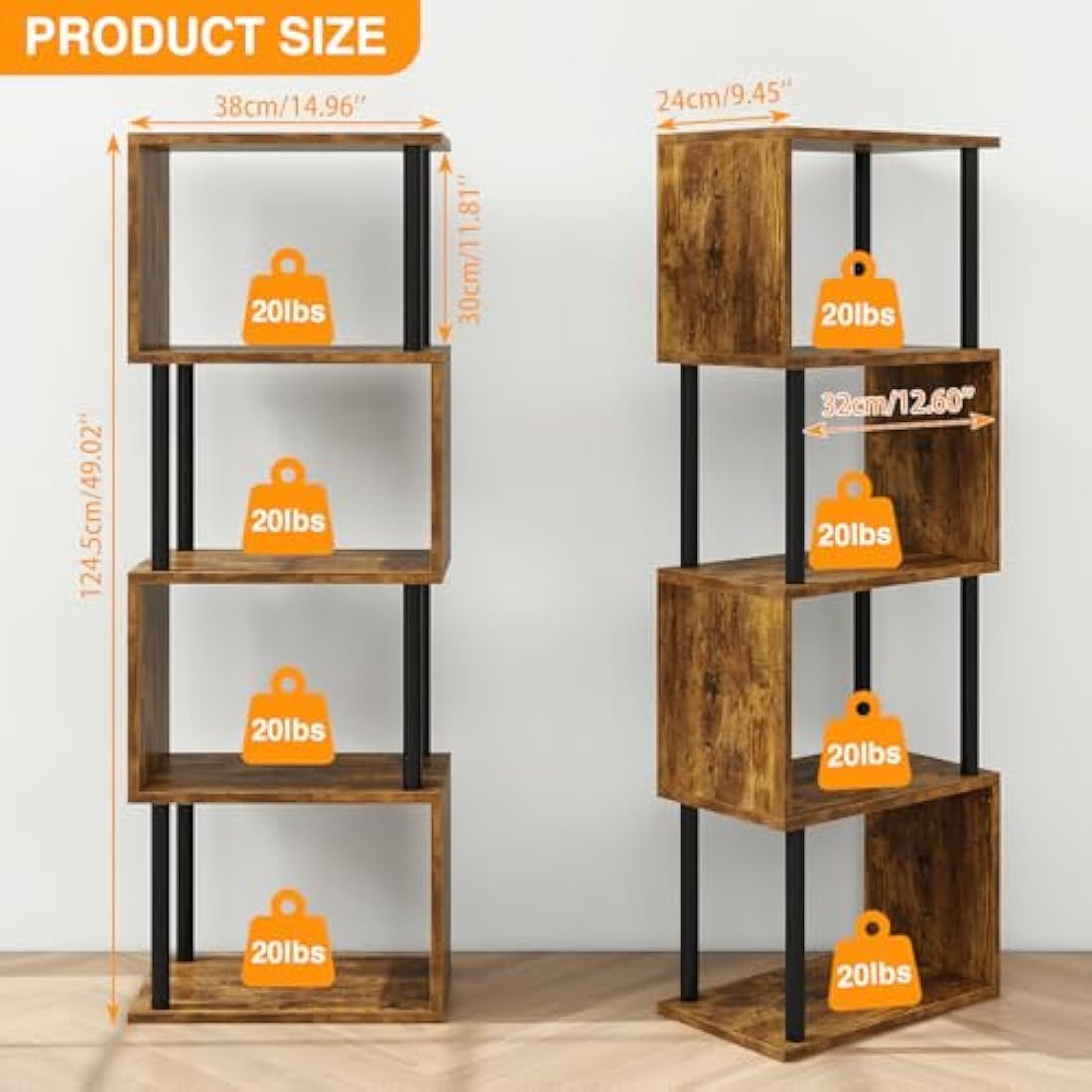 S-Shaped 5-Tier Tall Bookshelf | Rustic Brown Wood Bookcase