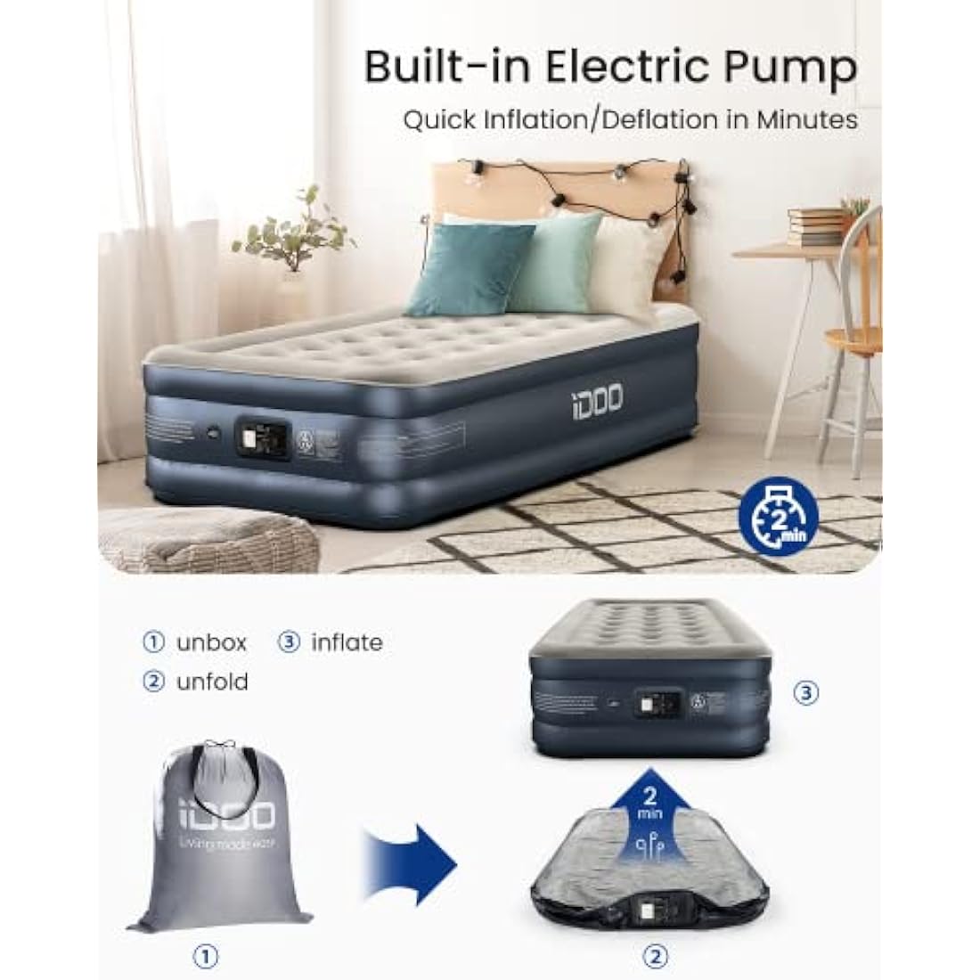 iDOO Single Air Bed | Inflatable Mattress with Built-in Pump | 188x99x38cm
