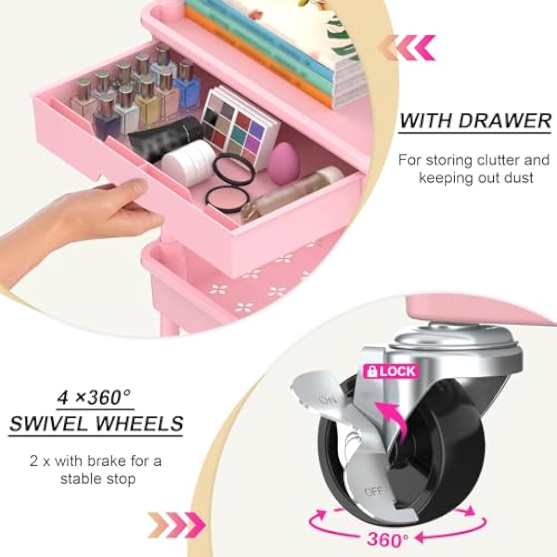Yeabett 4-Tier Rolling Utility Cart with Drawers - Pink Storage Trolley