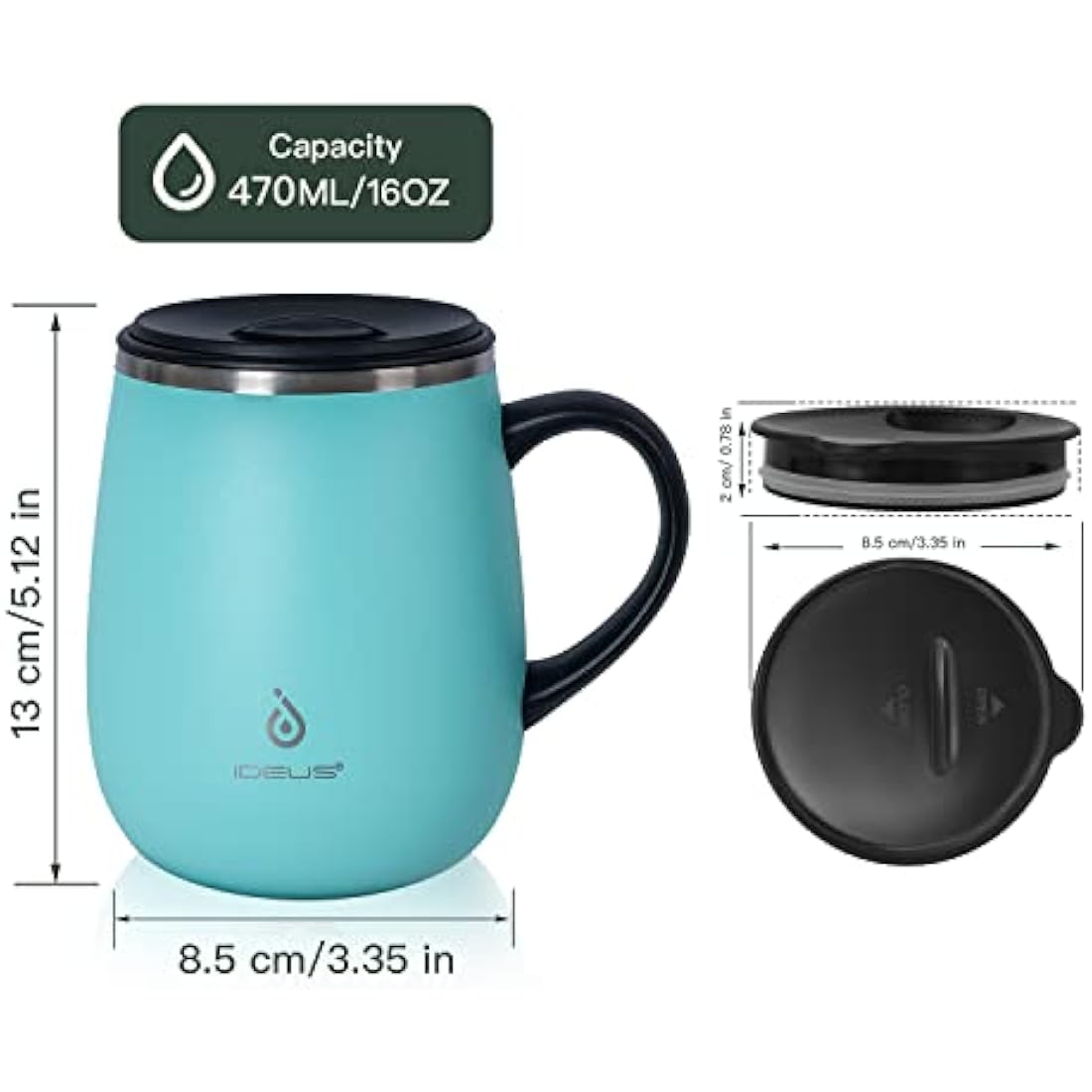 Ideus Insulated Coffee Mug | 16oz Stainless Steel Thermal Cup – Light Blue